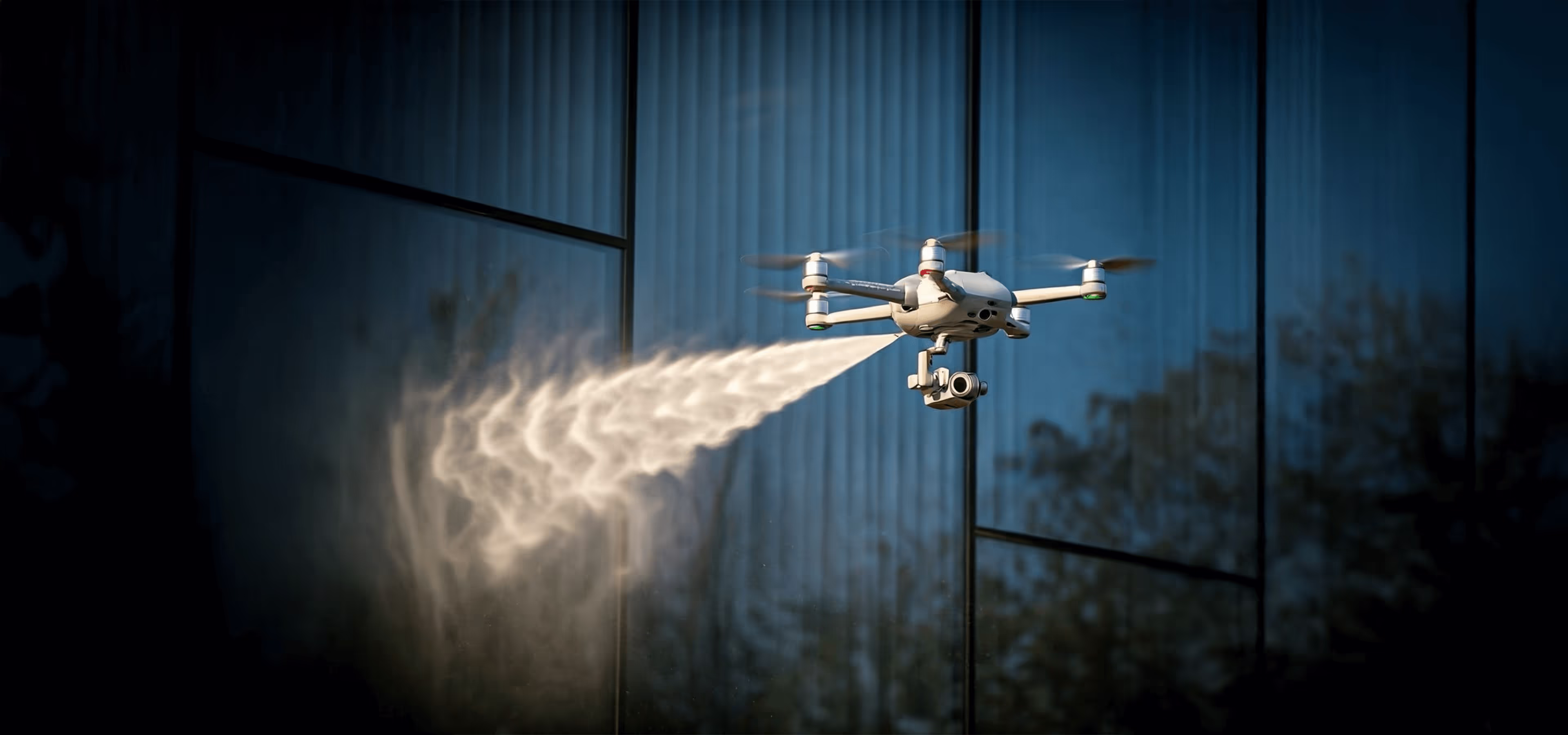 Drone pressure washing and cleaning a high-rise building.
