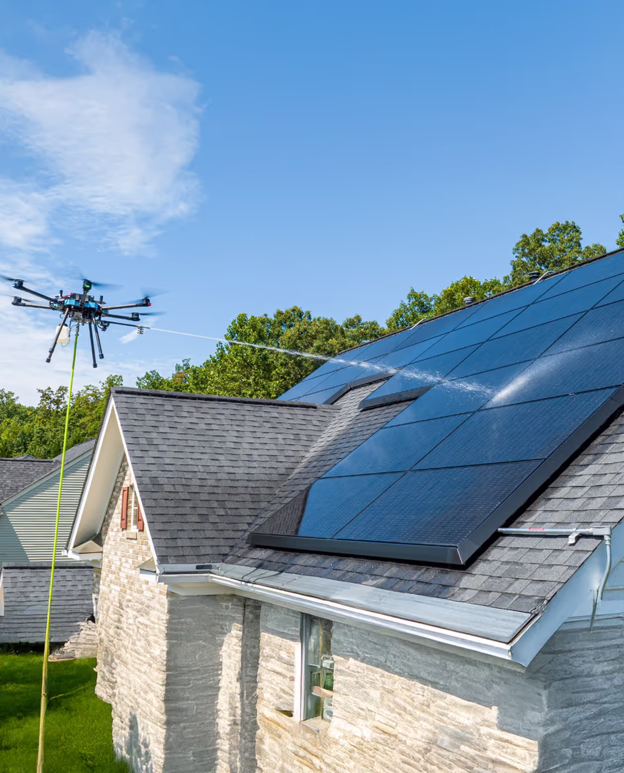 A drone hovering over a residential rooftop with solar panels for inspection.