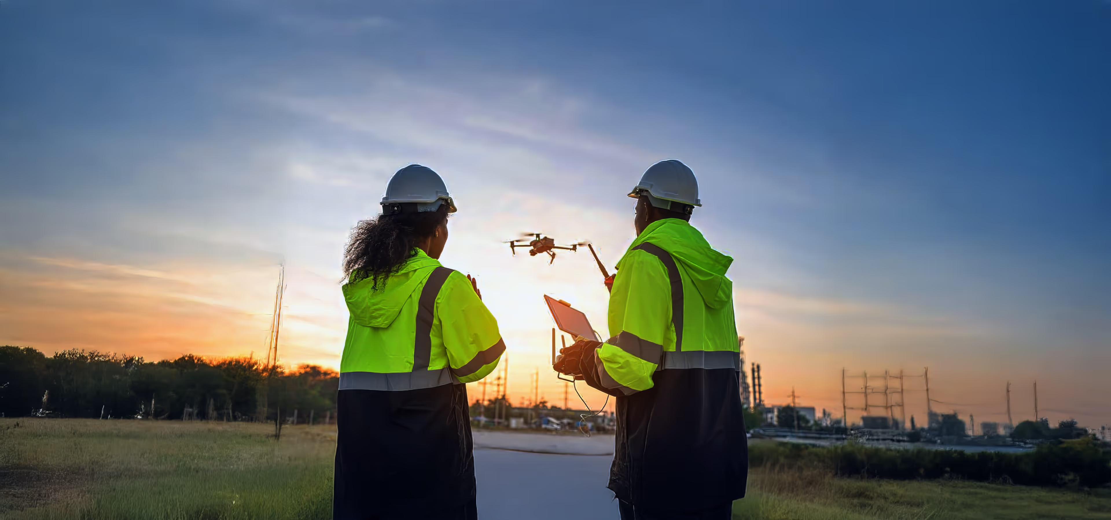 Two workers conducting a field inspection at sunset, ensuring safety and quality control.
